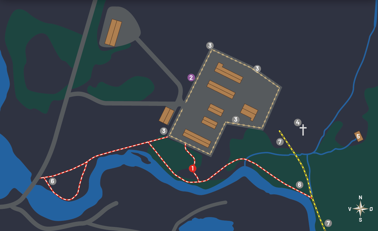 Oversiktskartet over Tromsdalen fangeleir som beskriver de ulike delene av leiren