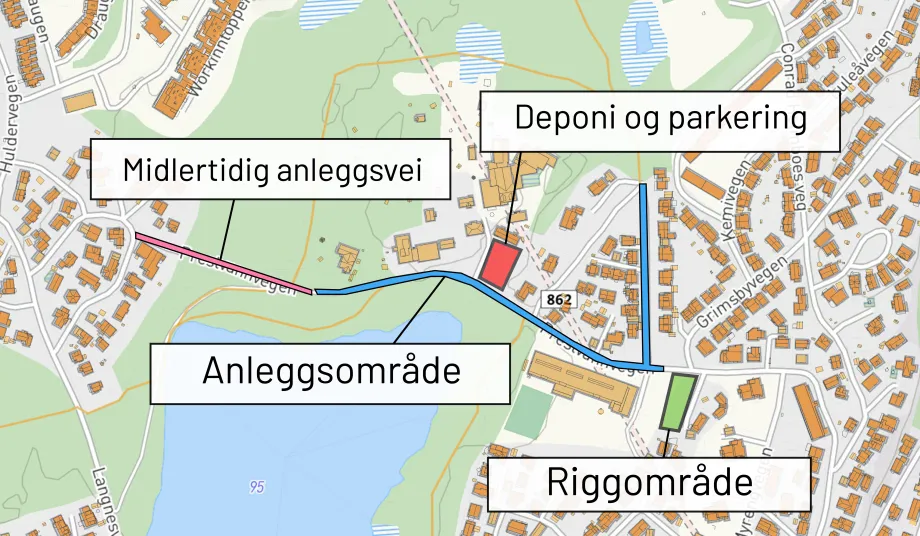Kartillustrasjon som viser anleggsomr&aring;det i Prestvannvegen