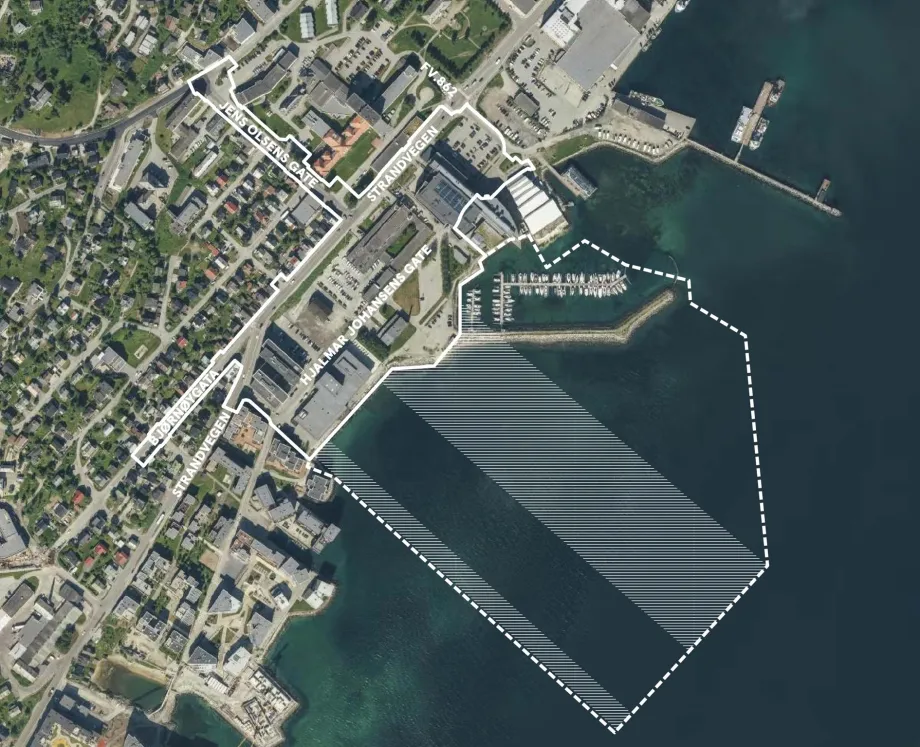 Flyfoto av omr&aring;de ber&oslash;rt i Plan 1970 Omr&aring;deregulering S&oslash;rbyen