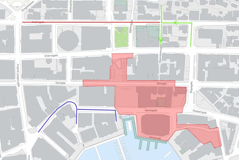 Kart over stengte veier i forbindelse med festivalen Rakettnatt