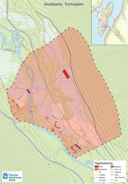 Kart som viser det forurensede omr&aring;det i Tromsdalen.
