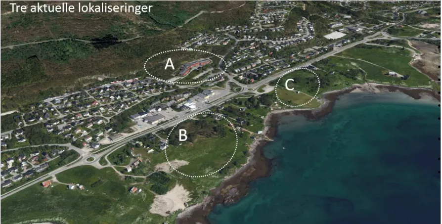 Flyfoto som viser de tre lokaliseringsalternativene.