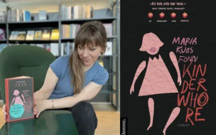 Kvinne sitter i gr&oslash;nn stol og ser mot ei bok hun holder litt til venstre foran seg. Til h&oslash;yre p&aring; bildet er den forst&oslash;rrede illustrasjonen av forsiden til boka KInderwhore.