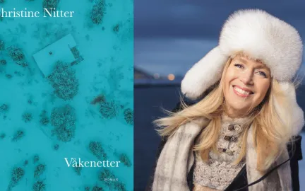 Til venstre: forsidebilde p&aring; boken V&aring;kenetter. Til h&oslash;yre: Kvinne med langt, blondt h&aring;r, hvit pelslue og skjerf smiler mot kamera. Foto.