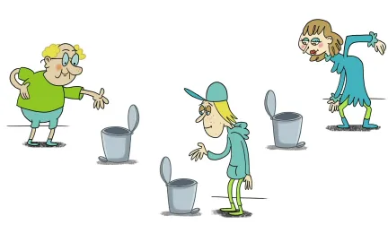 Illustrasjon av tre personer som kaster s&oslash;ppel i s&oslash;ppelb&oslash;tte