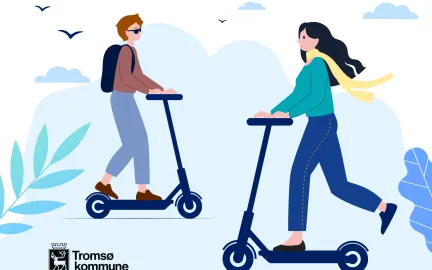 Illustrasjon av mennesker som kj&oslash;rer elsparkesykkel