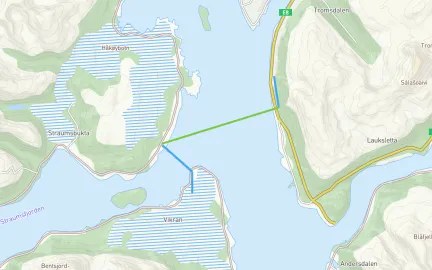 Kart som viser trase for sj&oslash;ledning