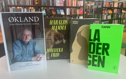 Fire b&oslash;ker st&aring;r oppstilt p&aring; et bord med forsidene vendt mot kamera. I bakgrunnen er det bokhyller. Foto.