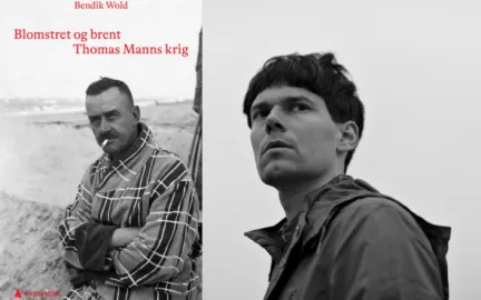 Til h&oslash;yre: svart-hvitt bilde av mann med m&oslash;rkt, kort h&aring;r og regnjakke ser til siden for kamera (foto). Til venstre et forsidebilde fra boka "Blomstret og brent - Thomas Manns krig"