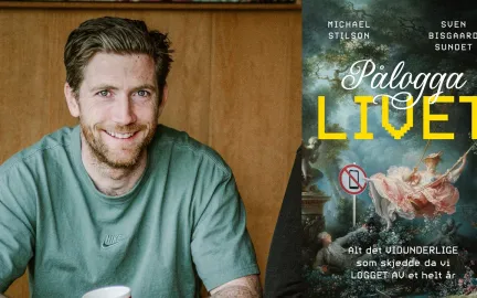 Til venstre: mann med kort, lysebrunt h&aring;r og litt skjegg i gr&oslash;nn t-skjorte smiler mot kamera. Foto. Til h&oslash;yre: forsidebilde av boka "P&aring;logga livet"