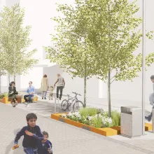 Perspektiv sommer utformet av Verte Landskap og plan, LoLe Landskap og Hinnstein AS p&aring; vegne av Storgata-prosjektet. 