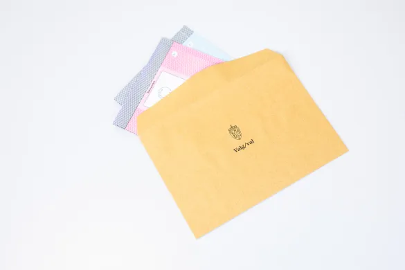 To stemmesedler i en gulbrun konvolutt med teksten "valg/val" og riksv&aring;penet p&aring; konvolutten. 