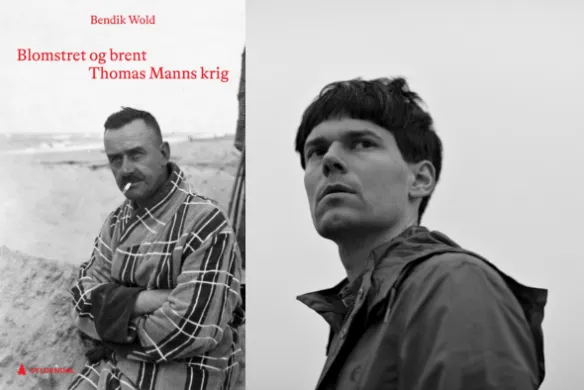 Til h&oslash;yre: svart-hvitt bilde av mann med m&oslash;rkt, kort h&aring;r og regnjakke ser til siden for kamera (foto). Til venstre et forsidebilde fra boka "Blomstret og brent - Thomas Manns krig"