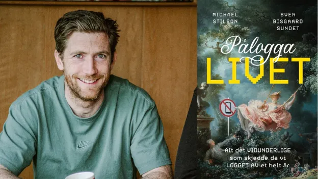 Til venstre: mann med kort, lysebrunt h&aring;r og litt skjegg i gr&oslash;nn t-skjorte smiler mot kamera. Foto. Til h&oslash;yre: forsidebilde av boka "P&aring;logga livet"